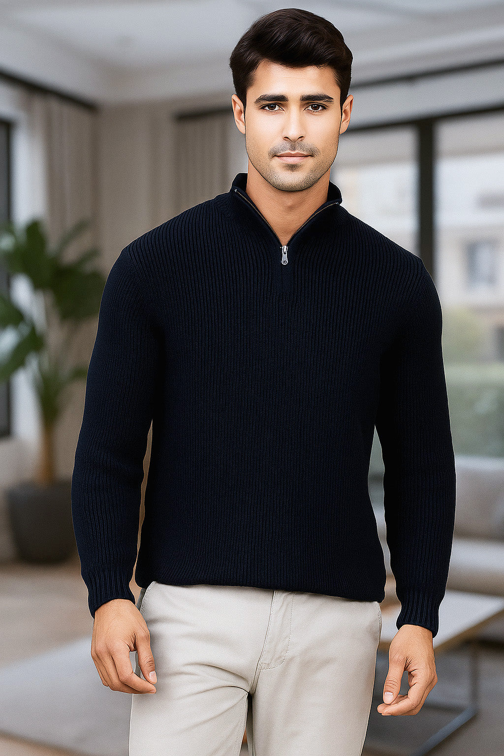 Half-Zip Ribbed Sweater | Milan – Midnight Black