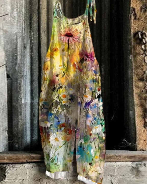 Summer Daisy Floral Art Loose Casual Jumpsuit