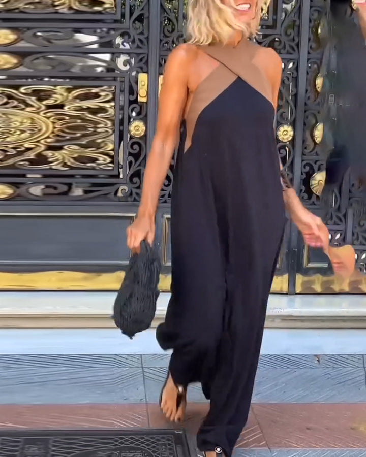 Aumora | Women’s Open-Back Color Block Halter Maxi Dress