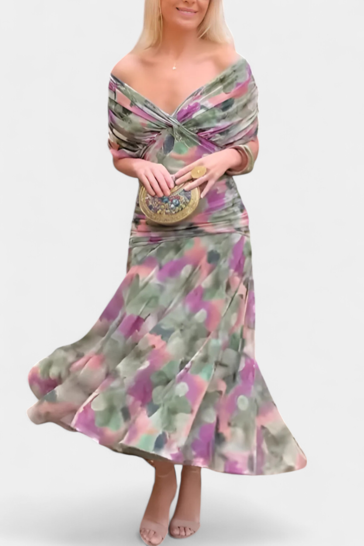 Gia | Women’s Off-the-Shoulder Ruched Mesh Evening Gown