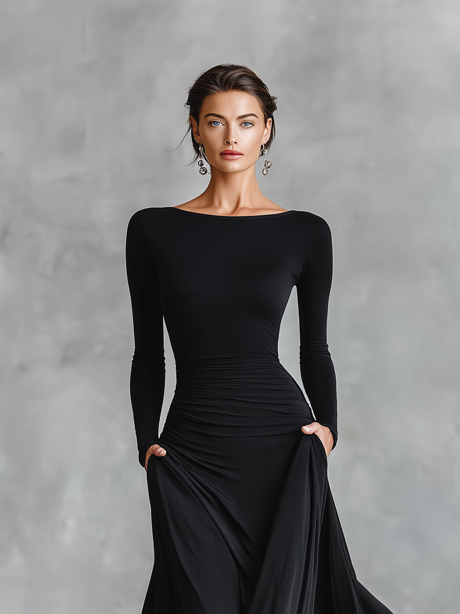 Black Long-Sleeve Sculpted Maxi Gown