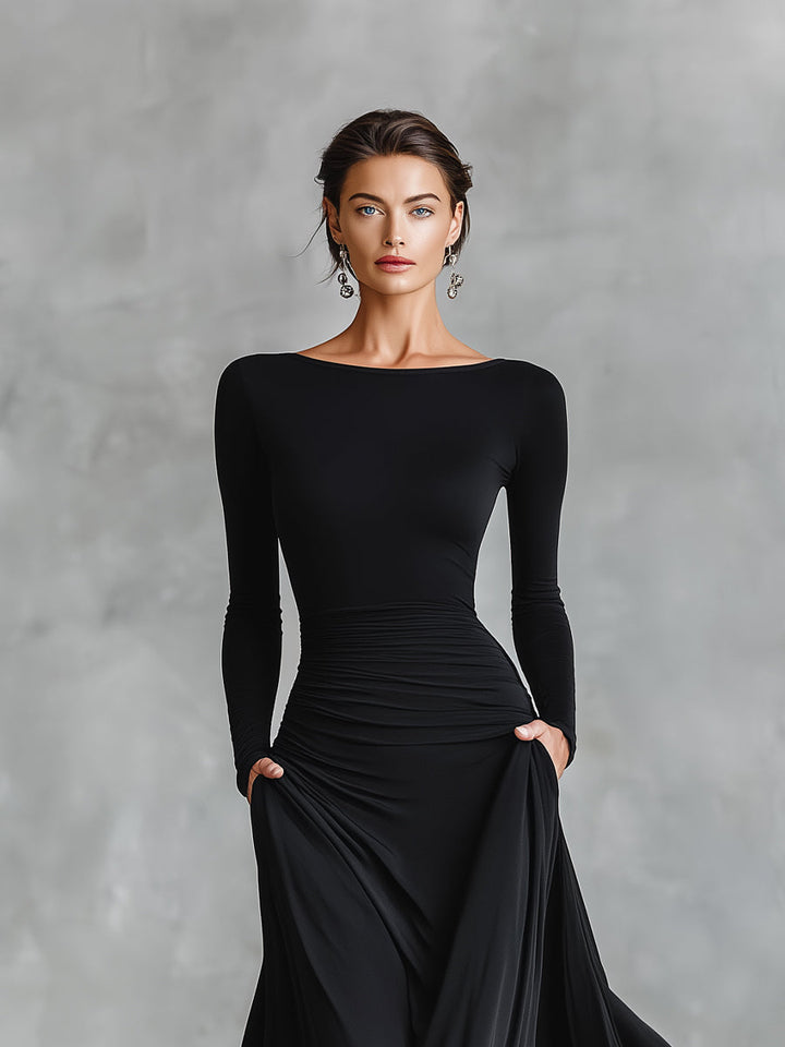 Black Long-Sleeve Sculpted Maxi Gown