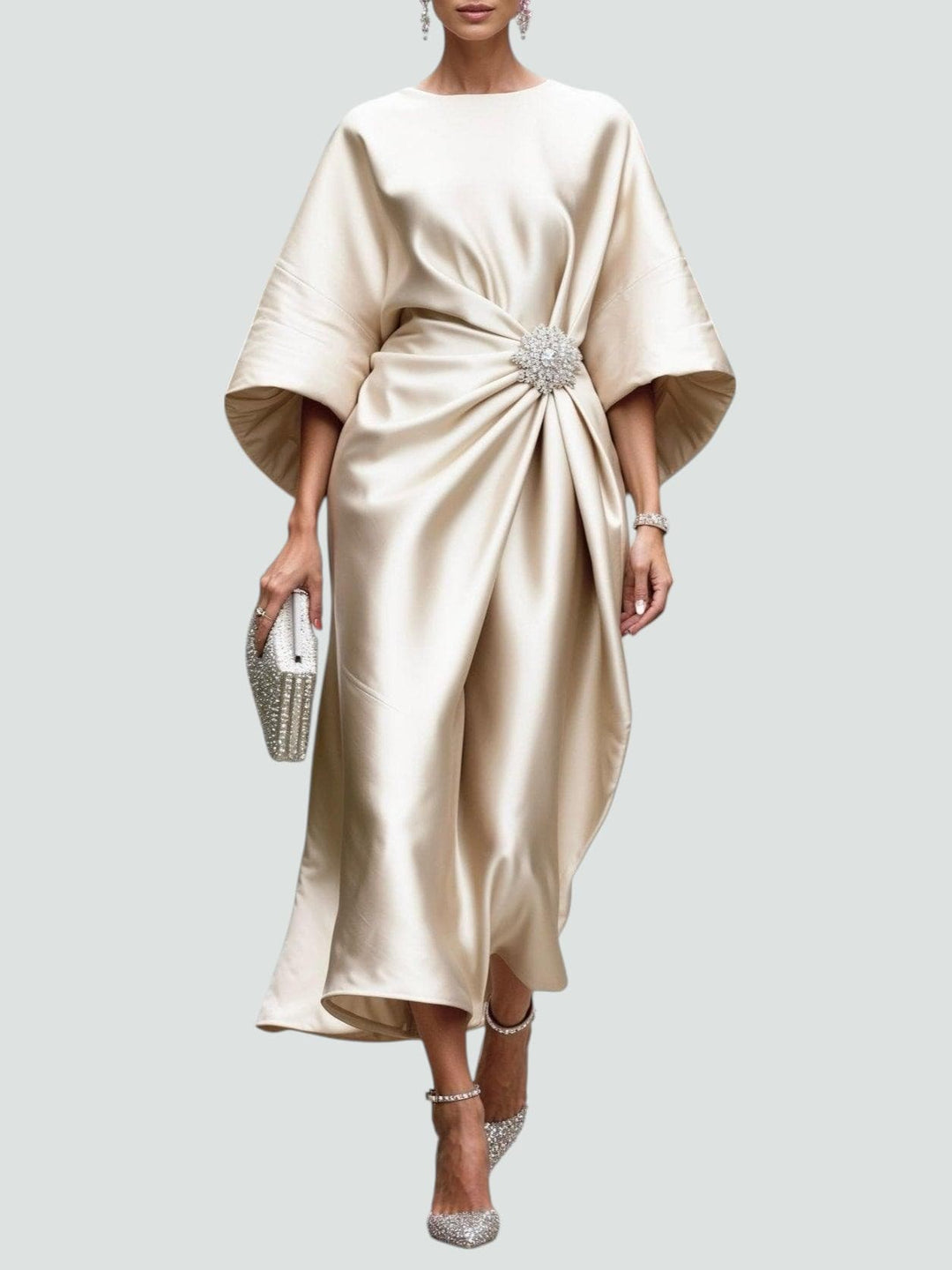Eleanor | Women’s Satin Drape Crystal Brooch Evening Midi Dress