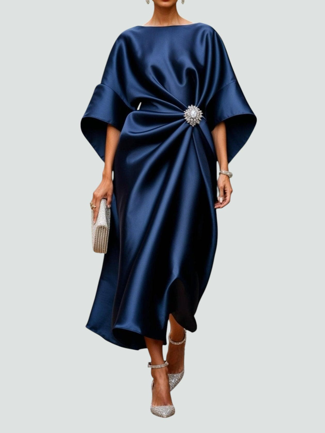 Eleanor | Women’s Satin Drape Crystal Brooch Evening Midi Dress