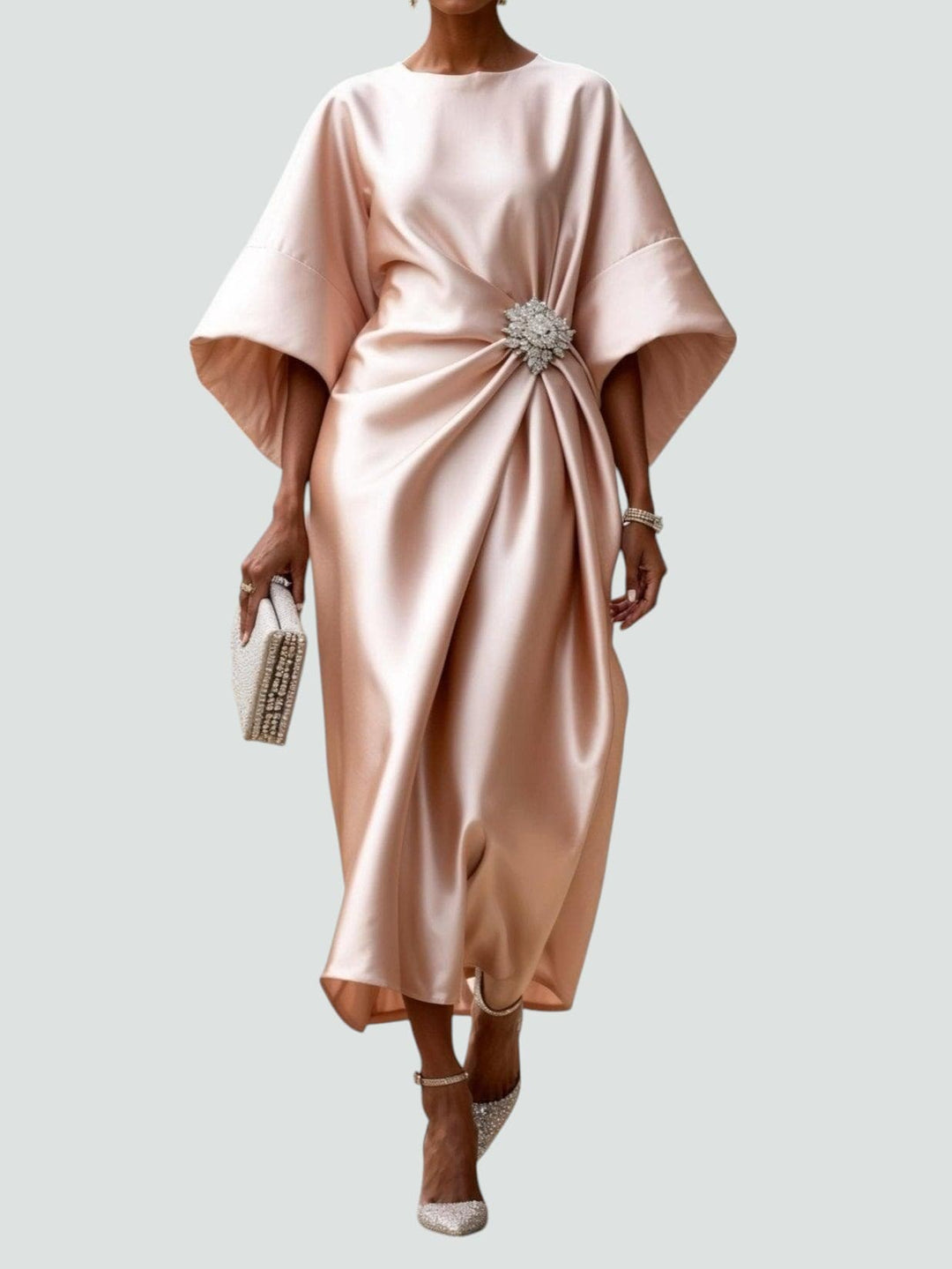 Eleanor | Women’s Satin Drape Crystal Brooch Evening Midi Dress