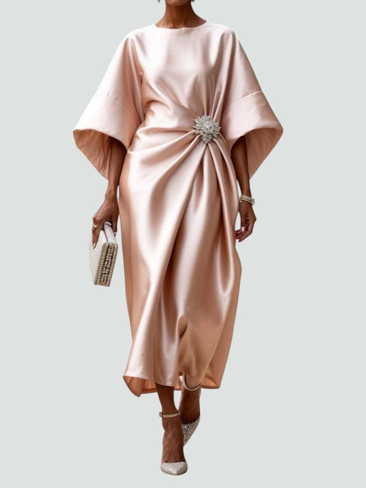Eleanor | Women’s Satin Drape Crystal Brooch Evening Midi Dress