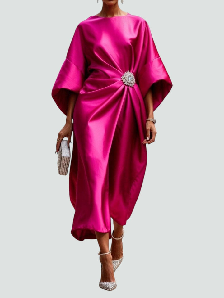 Eleanor | Women’s Satin Drape Crystal Brooch Evening Midi Dress