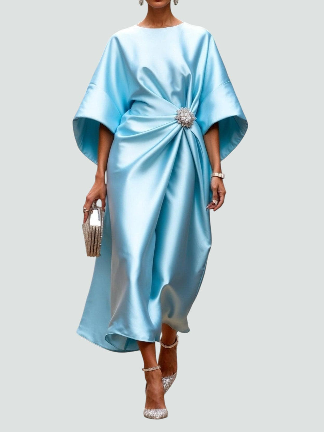 Eleanor | Women’s Satin Drape Crystal Brooch Evening Midi Dress