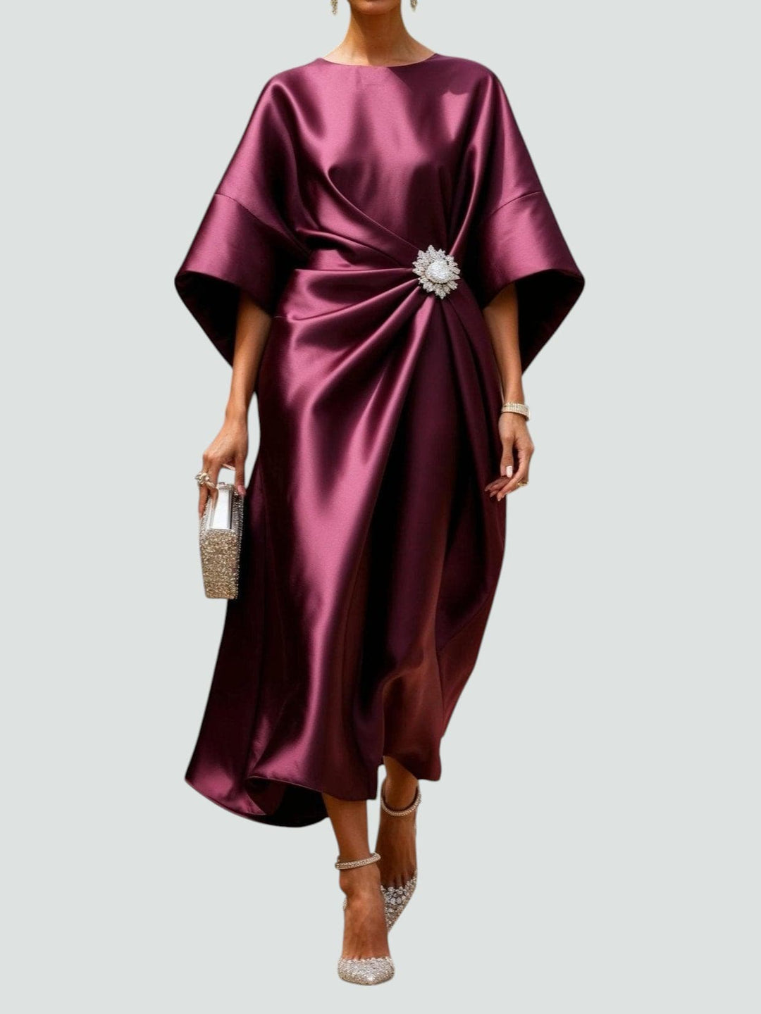 Eleanor | Women’s Satin Drape Crystal Brooch Evening Midi Dress