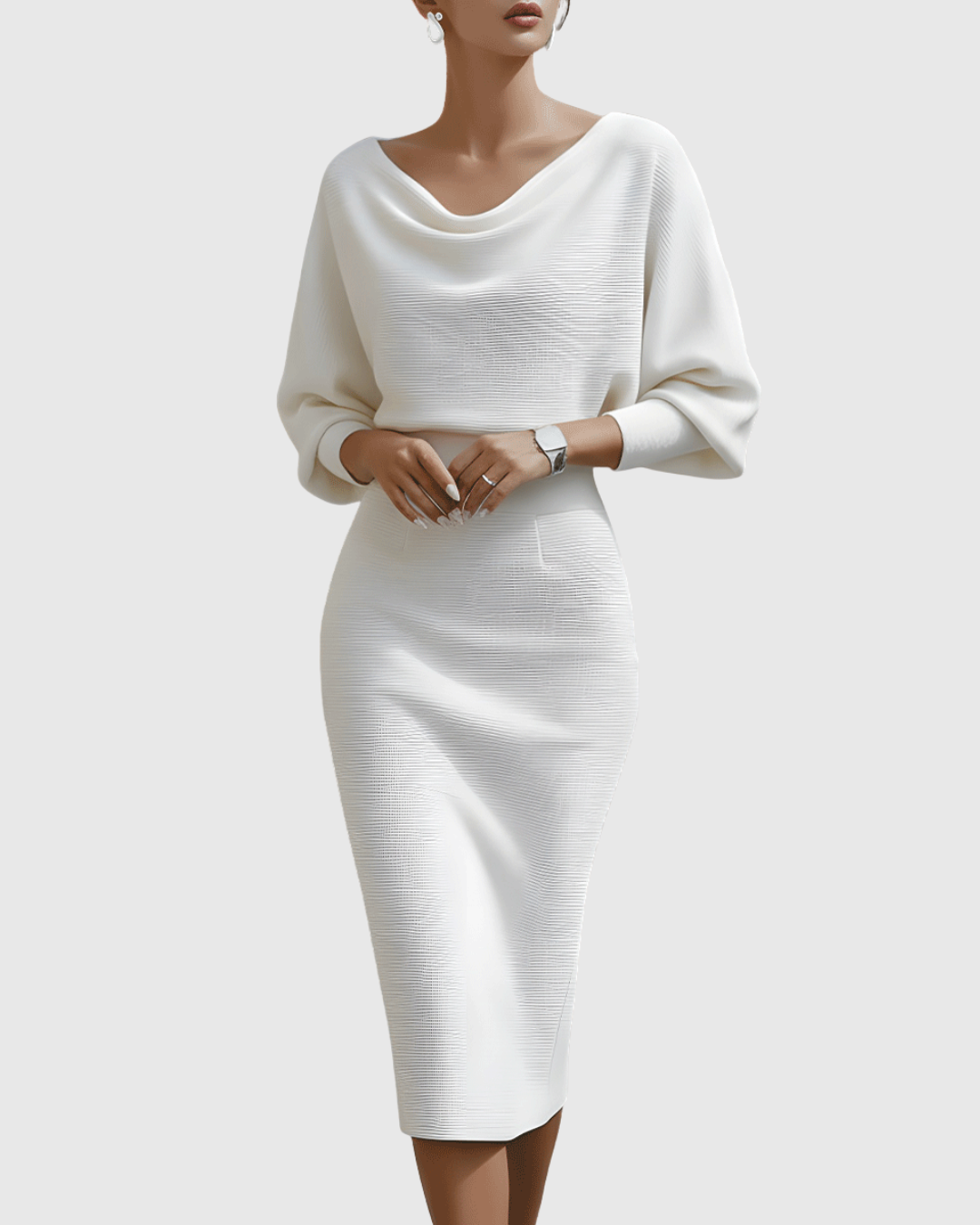 Sloane | Women’s Draped Cowl Neck Dolman Sleeve Midi Dress