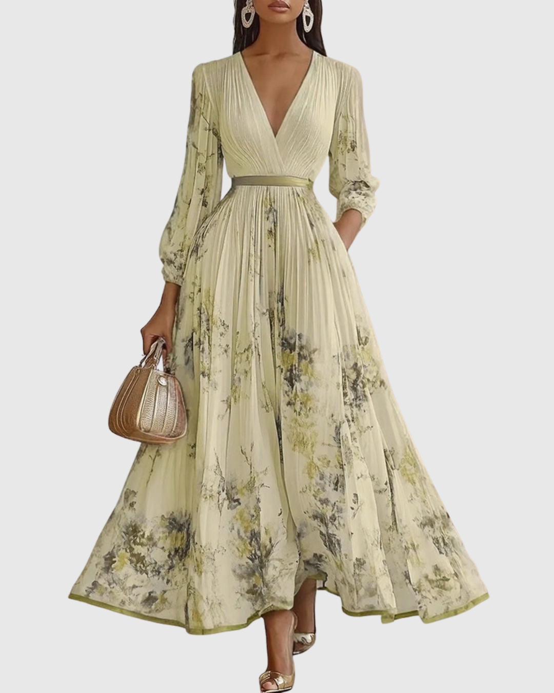 Celeste | Women’s Pleated Watercolor Floral Midi Event Dress