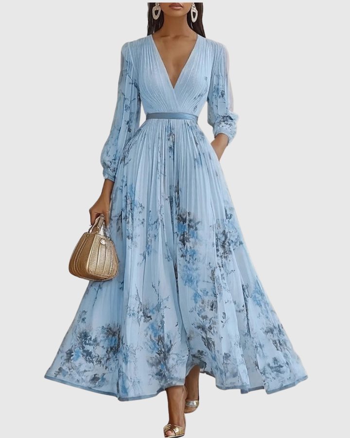 Celeste | Women’s Pleated Watercolor Floral Midi Event Dress