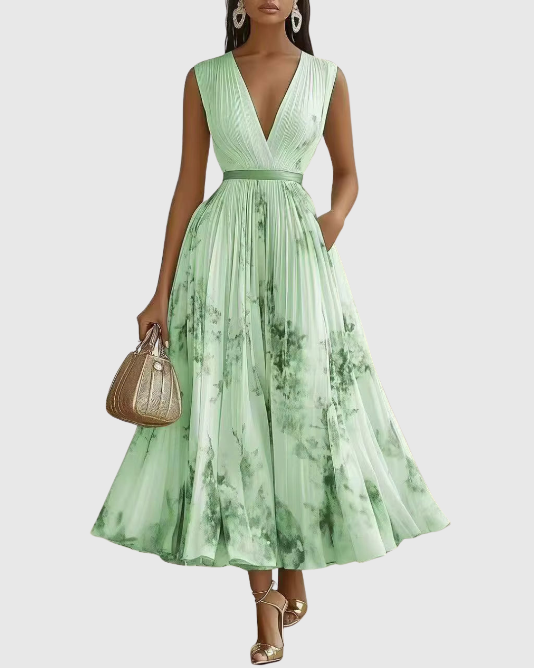 Celeste | Women’s Pleated Watercolor Floral Midi Event Dress