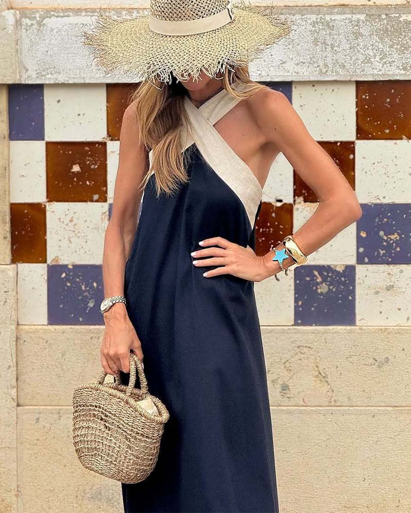 Aumora | Women’s Open-Back Color Block Halter Maxi Dress