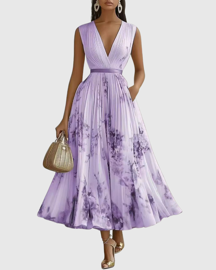 Celeste | Women’s Pleated Watercolor Floral Midi Event Dress