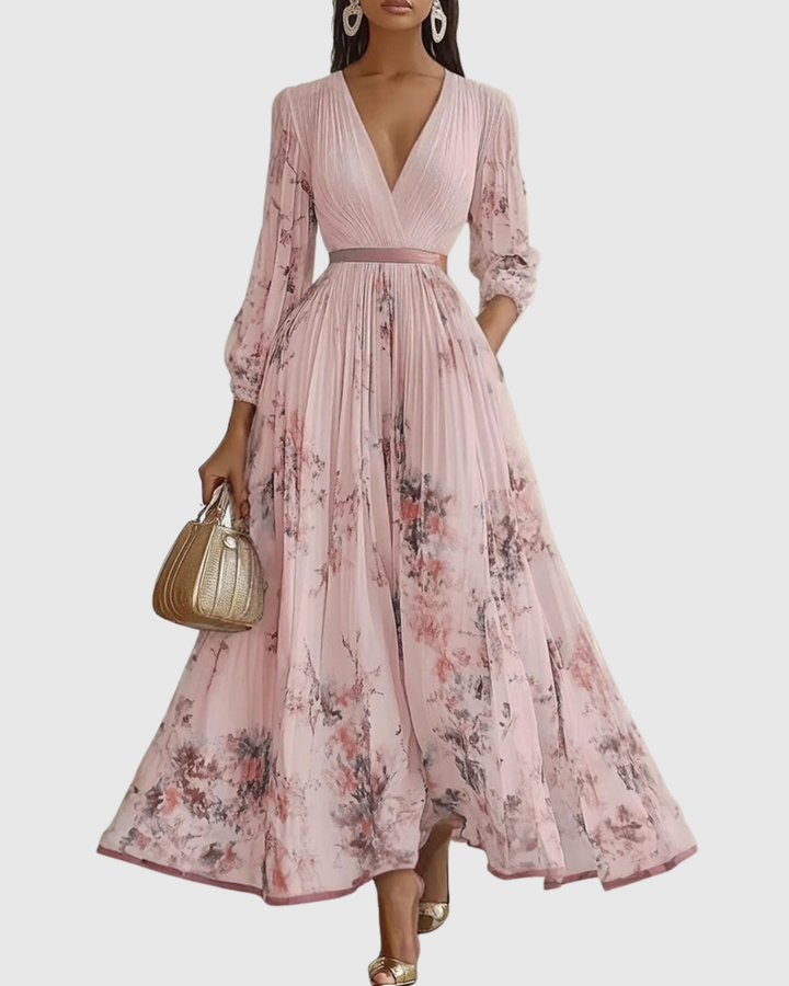 Celeste | Women’s Pleated Watercolor Floral Midi Event Dress