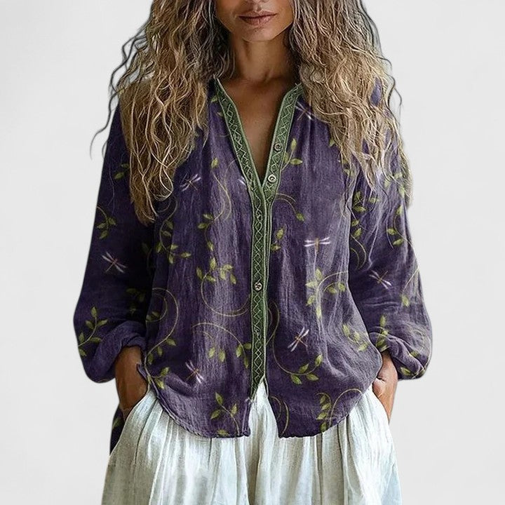 Rowan | Women’s Bohemian Dragonfly Motif Button-Down Tunic