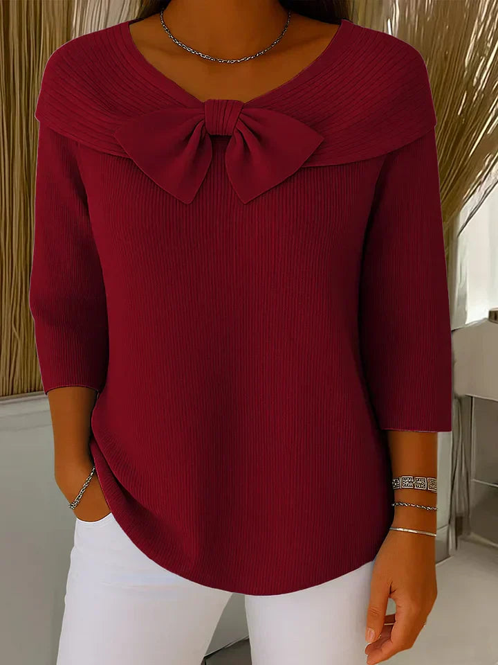 Amelie | Women’s Fine-Ribbed Portrait Collar Bow-Detail Knit Top