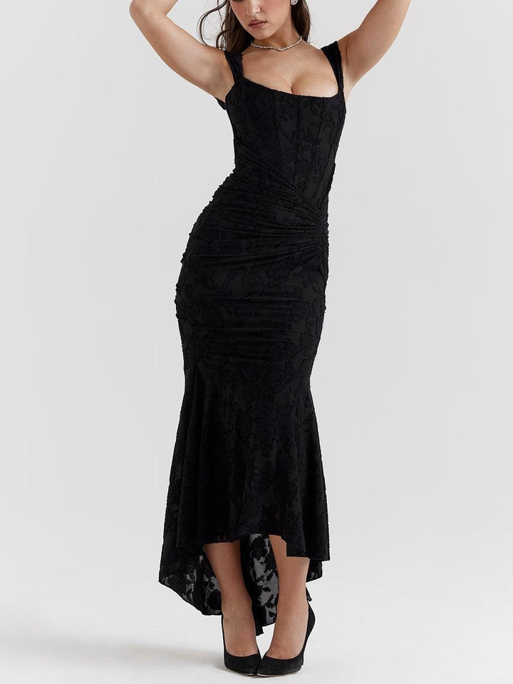 Structured Square-Neck High-Low Midi Dress