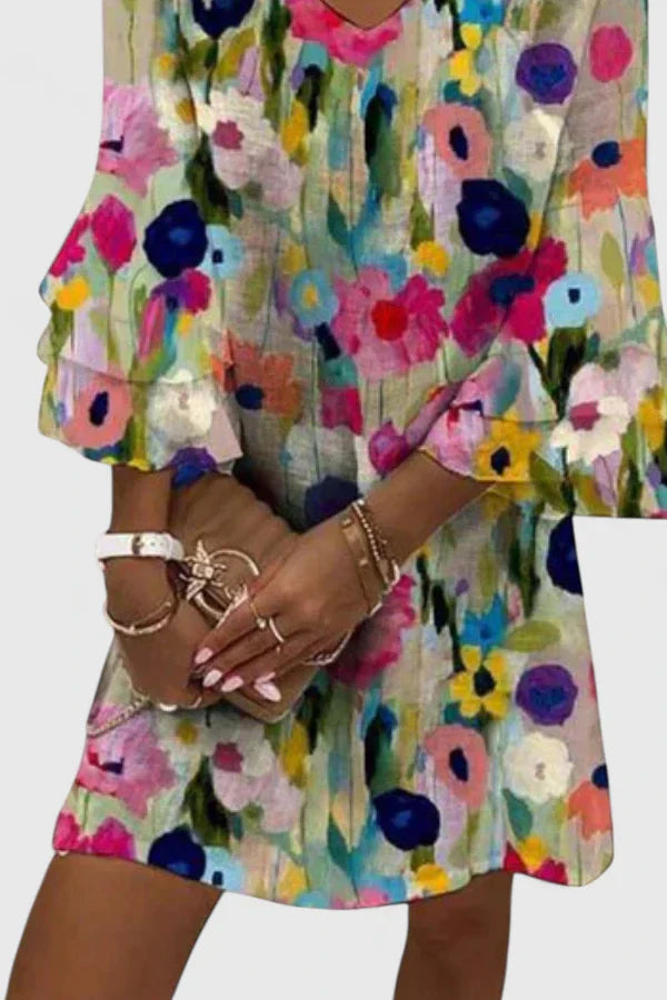 Chloe | Women’s Abstract Watercolor V-Neck Bell-Sleeve Tunic Dress