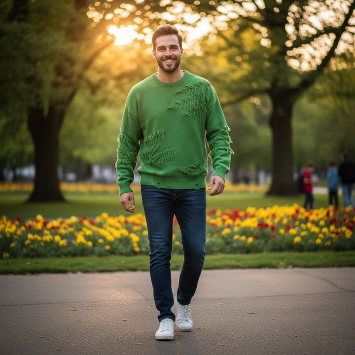 Man in a green sweater walking in a park with flowers and trees in the background