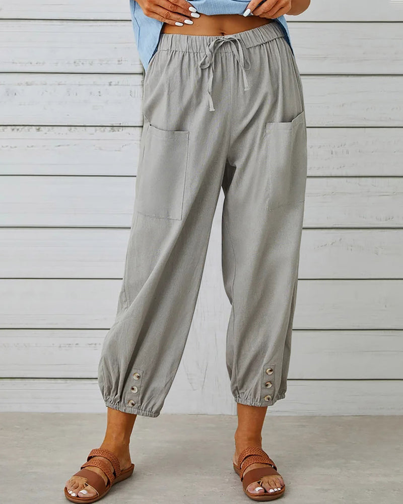 Clara | Women’s Cotton-Linen Button-Front Cropped Pants