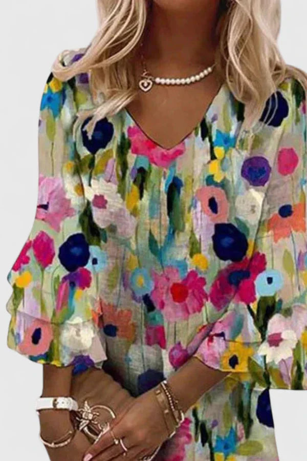 Chloe | Women’s Abstract Watercolor V-Neck Bell-Sleeve Tunic Dress
