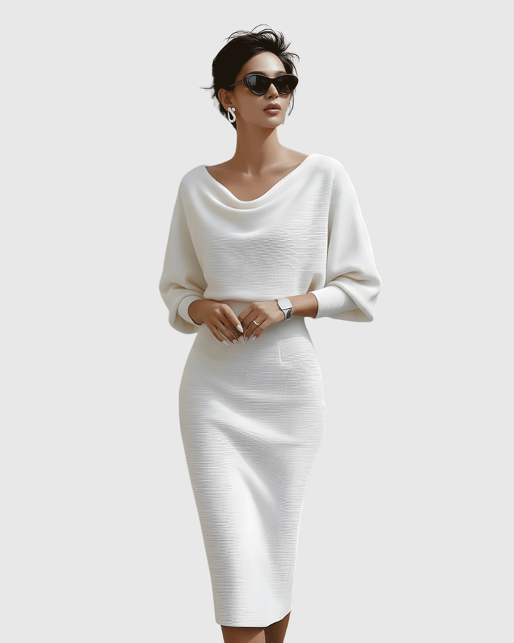 Sloane | Women’s Draped Cowl Neck Dolman Sleeve Midi Dress