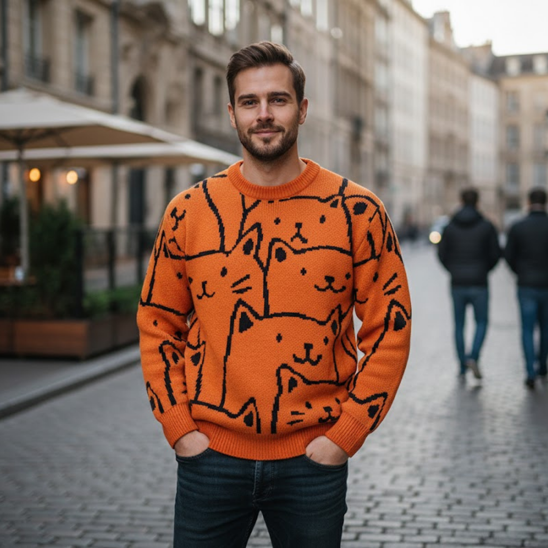 Man wearing an orange sweater with black cat patterns on a city street.