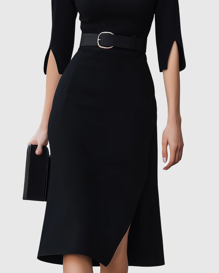 Victoria | Women’s Belted Cowl Neck Split-Sleeve Midi Dress