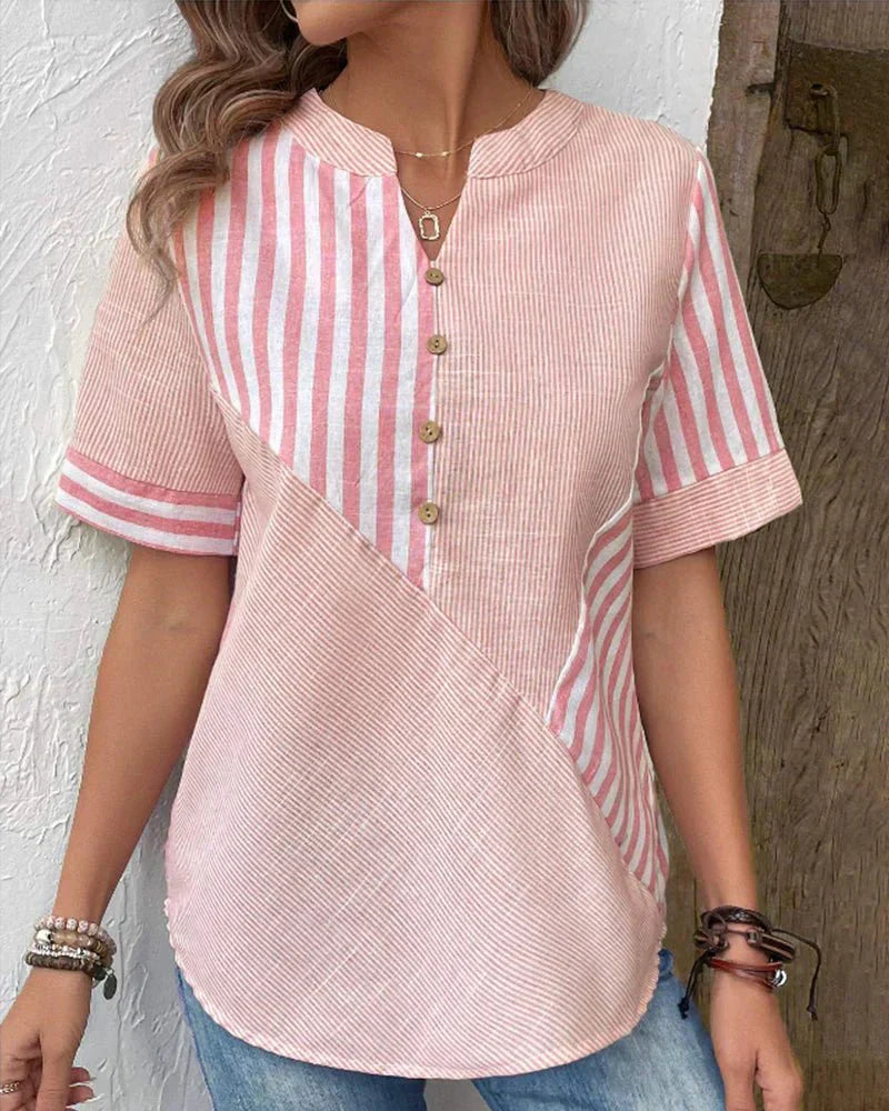Selvara | Striped Short-Sleeve Button-Front Blouse