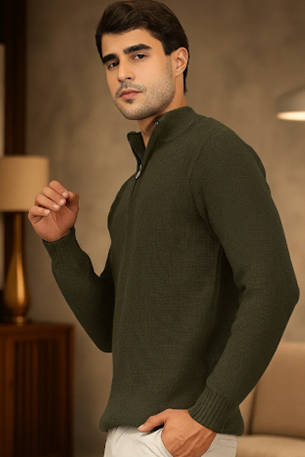 Half-Zip Ribbed Sweater | Oslo – Moss Green