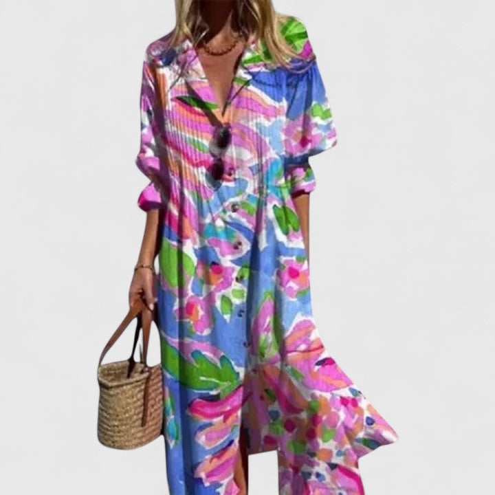 Capri | Women’s Pleated Botanical Button-Down Resort Dress