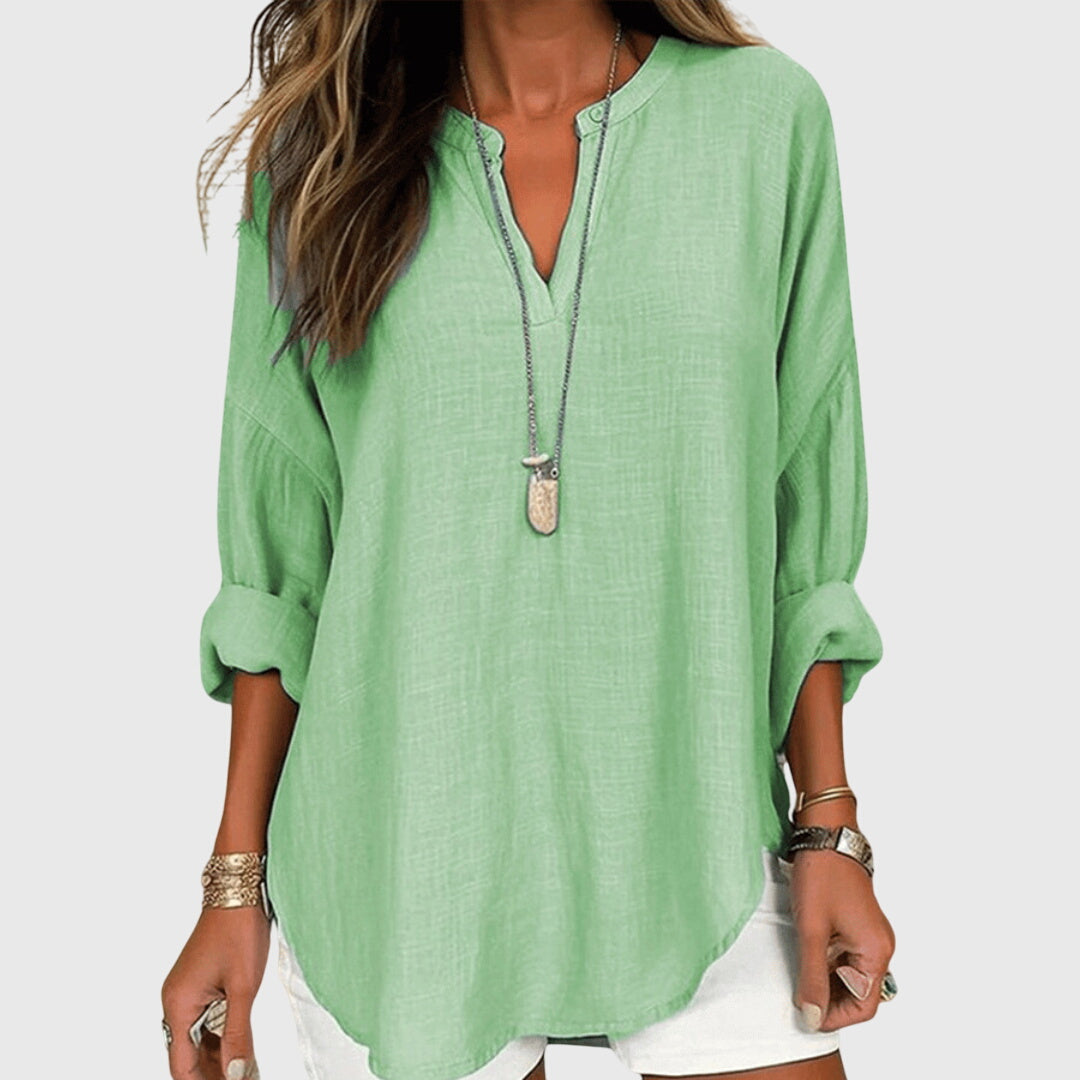 Isla | Women’s Textured Linen-Blend Split V-Neck Coastal Tunic