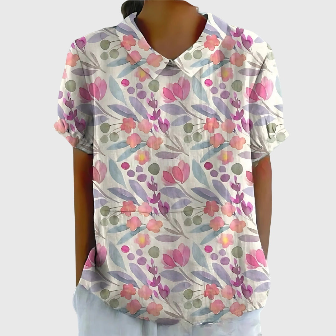 Cora | Women’s Vertical Botanical Print Collared Popover Blouse