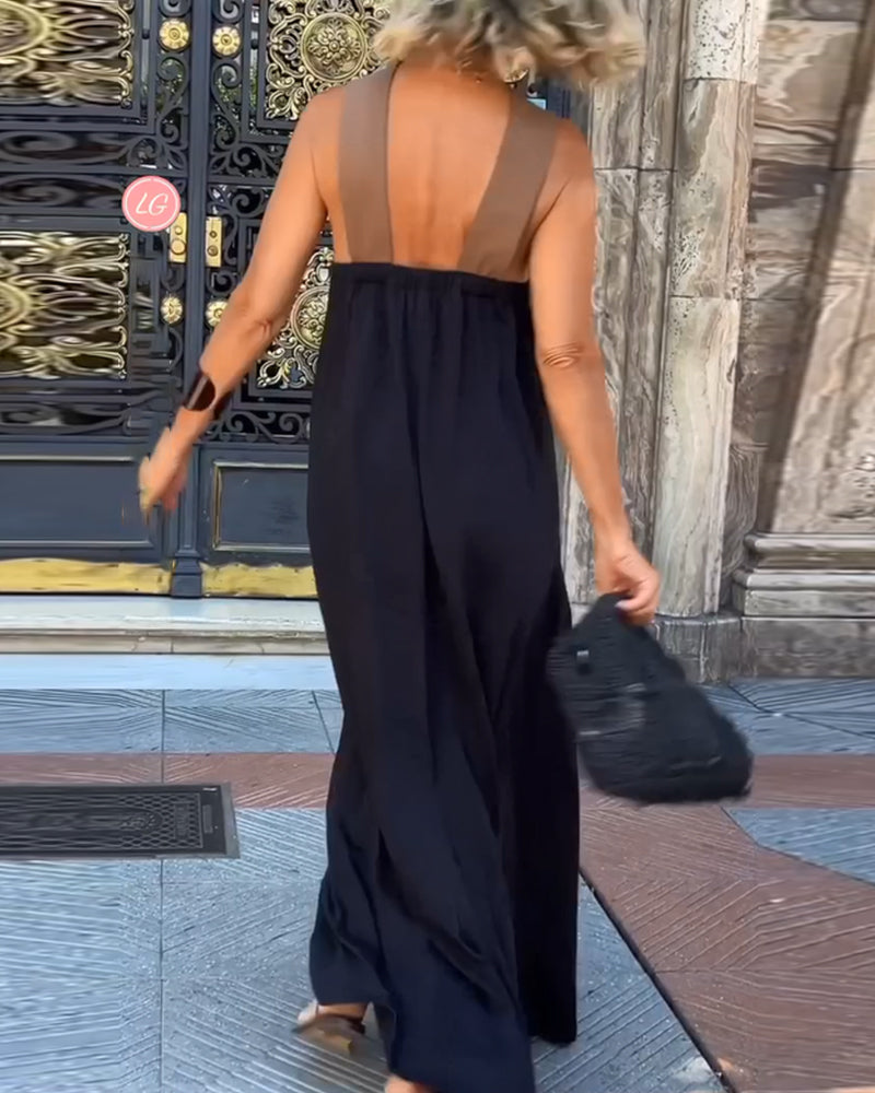 Aumora | Women’s Open-Back Color Block Halter Maxi Dress