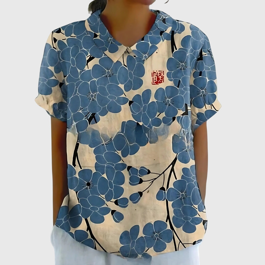 Cora | Women’s Vertical Botanical Print Collared Popover Blouse