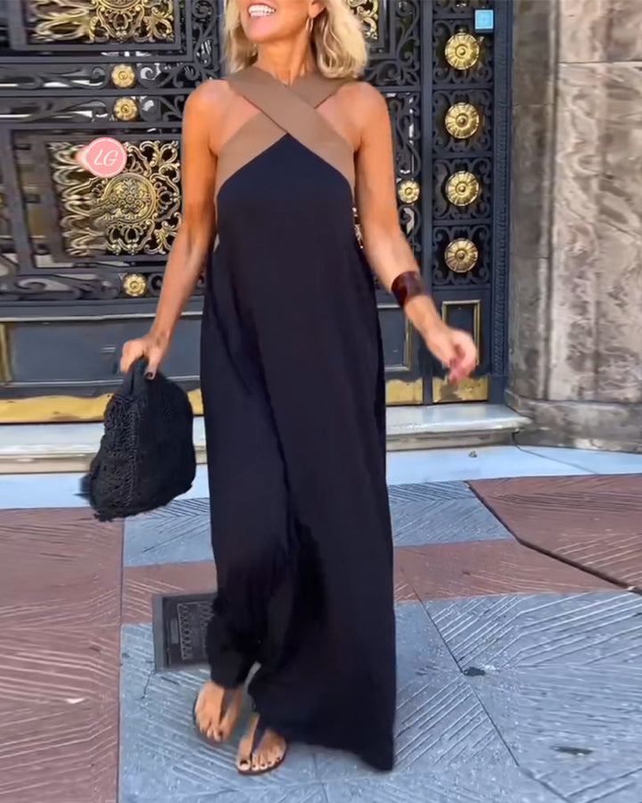 Aumora | Women’s Open-Back Color Block Halter Maxi Dress