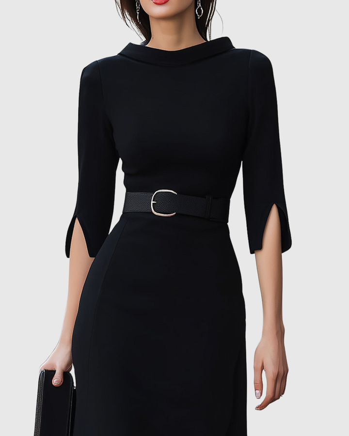 Victoria | Women’s Belted Cowl Neck Split-Sleeve Midi Dress