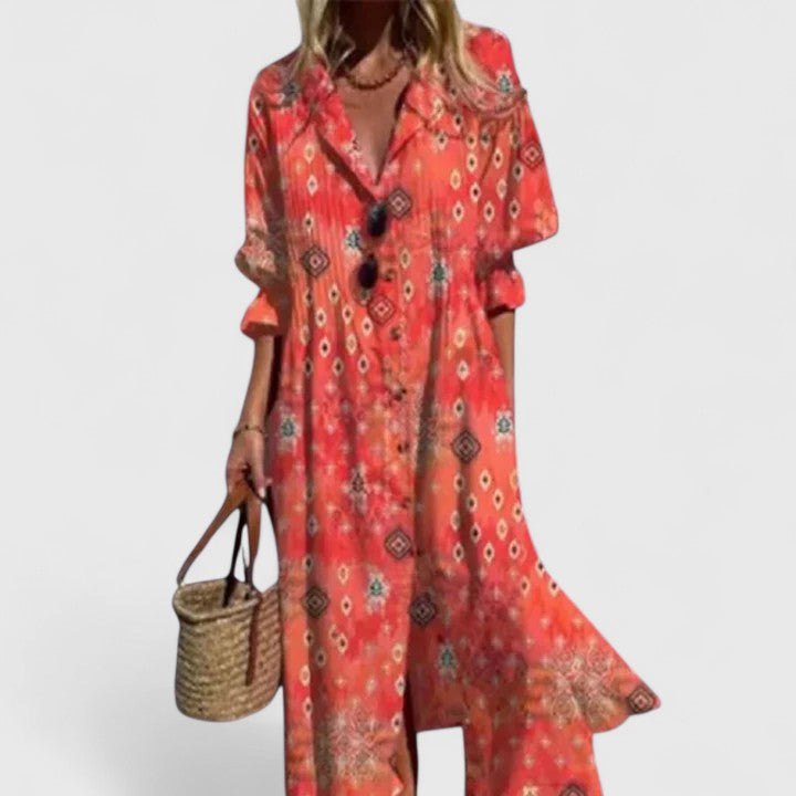 Capri | Women’s Pleated Botanical Button-Down Resort Dress
