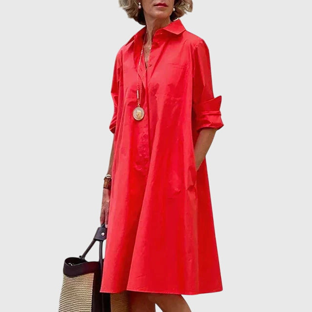 Carmine | Women’s Collared Poplin Swing Midi Shirt Dress with Pockets