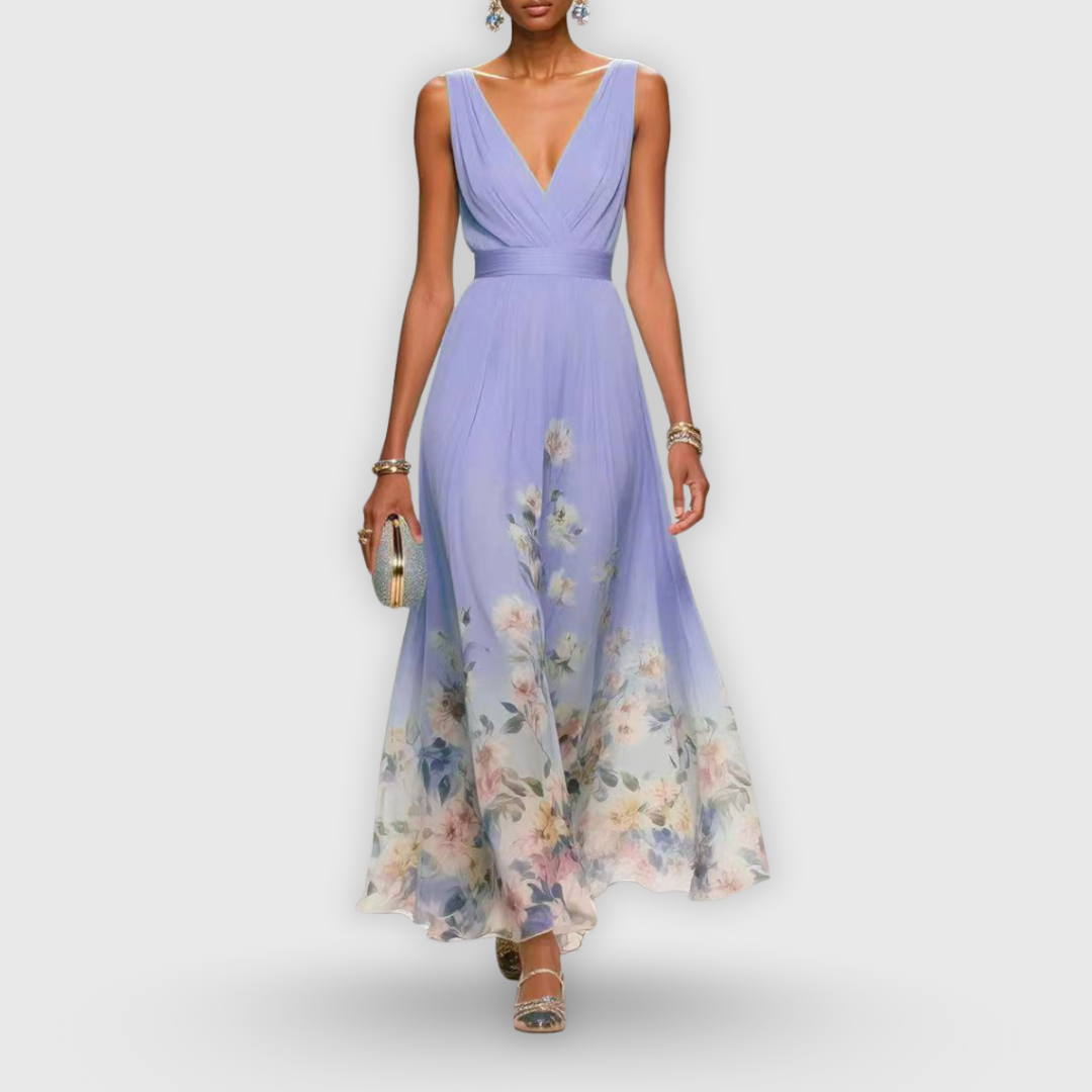 Celeste | Women’s Pleated V-Neck Floral Border Chiffon Maxi Dress