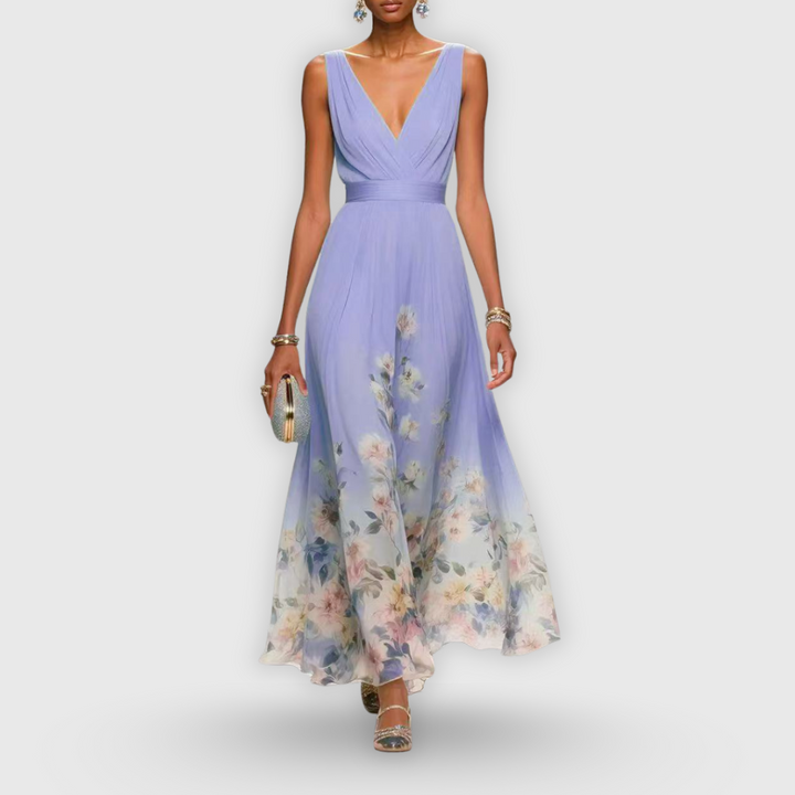 Celeste | Women’s Pleated V-Neck Floral Border Chiffon Maxi Dress