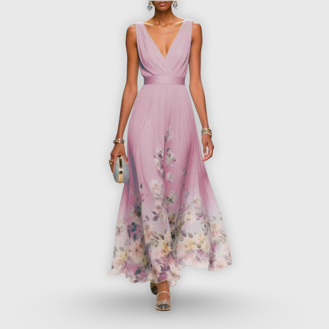 Celeste | Women’s Pleated V-Neck Floral Border Chiffon Maxi Dress