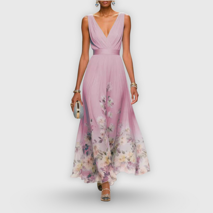 Celeste | Women’s Pleated V-Neck Floral Border Chiffon Maxi Dress