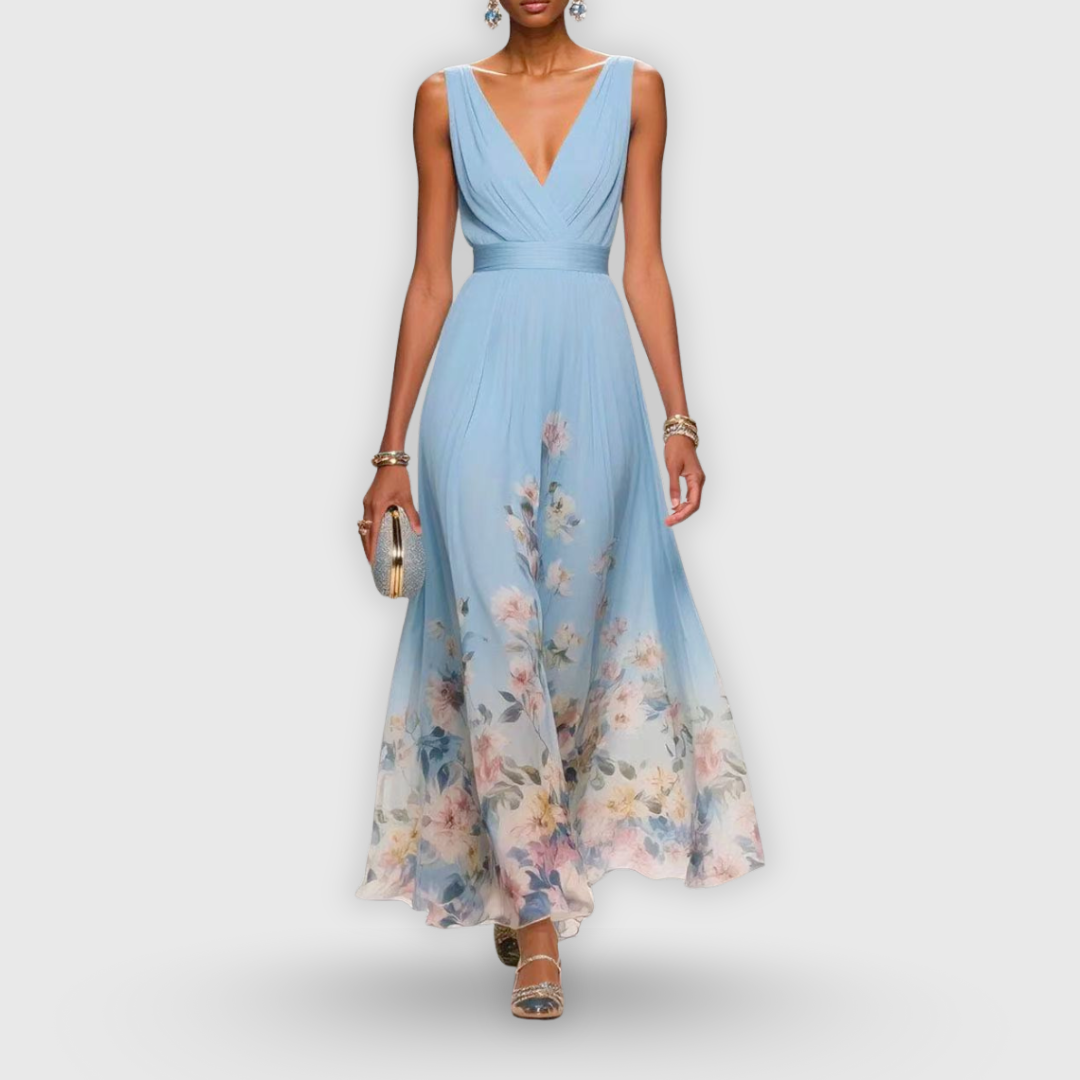 Celeste | Women’s Pleated V-Neck Floral Border Chiffon Maxi Dress