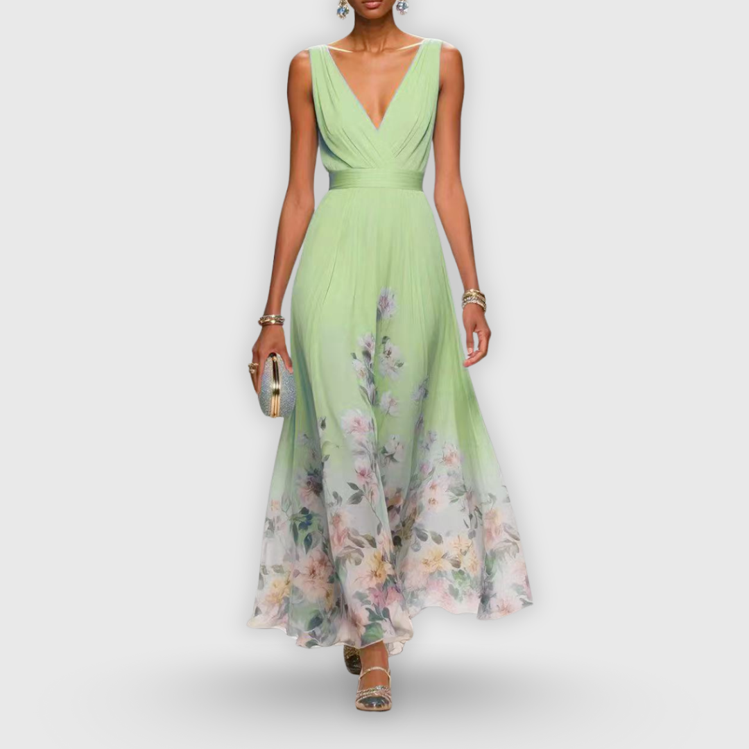 Celeste | Women’s Pleated V-Neck Floral Border Chiffon Maxi Dress