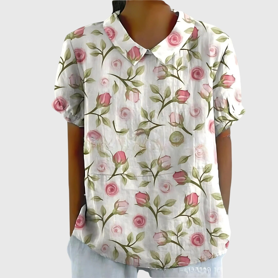 Cora | Women’s Vertical Botanical Print Collared Popover Blouse