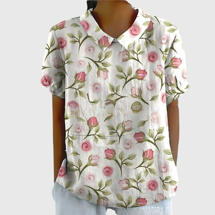 Cora | Women’s Vertical Botanical Print Collared Popover Blouse