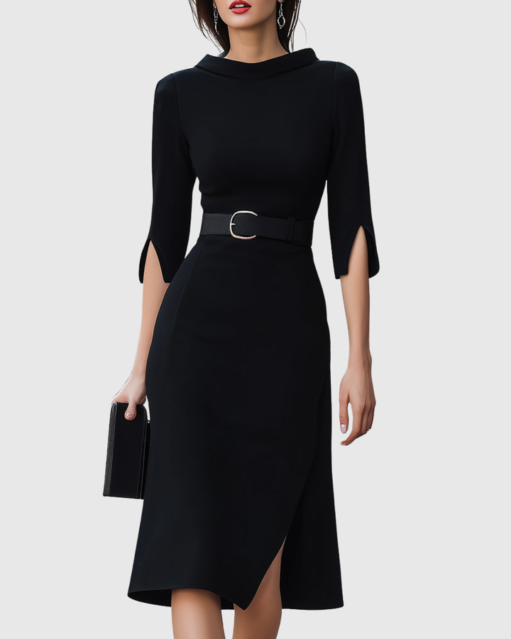 Victoria | Women’s Belted Cowl Neck Split-Sleeve Midi Dress